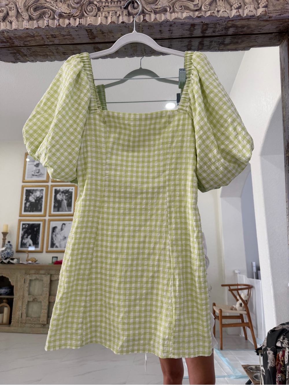 MARBLE Light Green Gingham Puff-Sleeve Mini Dress